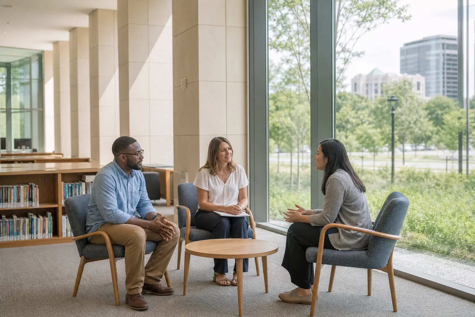Community members in a quiet conversation inside a Huntsville civic space